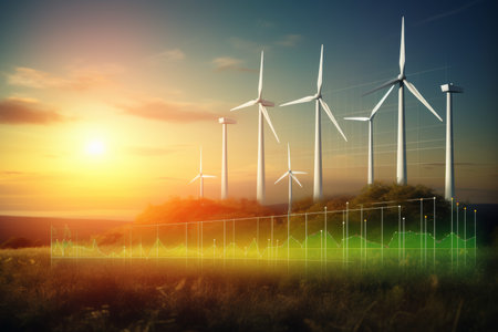 Graph of business growth and electricity usage by wind turbines at sunrise in natural landscapes