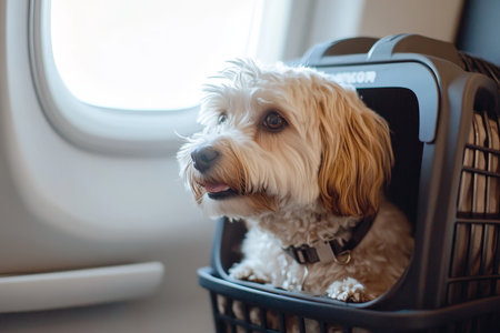 Happy dog traveling in a pet carrier during an airplane journey with comfort and joyの写真素材