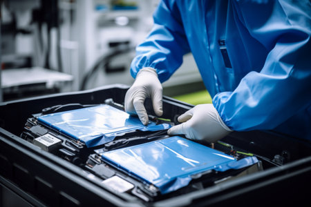 Worker diligently handling electric vehicle battery pack under blue lighting in factory settingの写真素材