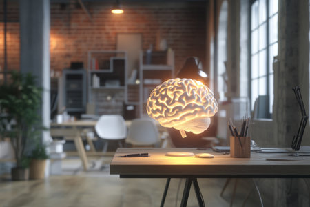 Illuminated brain concept in modern workspace showcasing creativity and technology integrationの写真素材