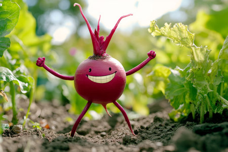 Joyful beet with arms and legs spreads cheer in a colorful garden settingの写真素材