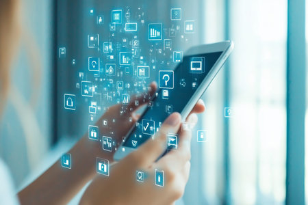 Person holding device surrounded by security icons representing digital data protection in business