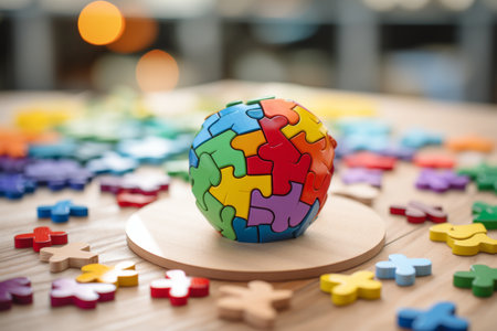 Colorful brain shaped wooden puzzle with vibrant geometric shapes symbolizing creative intelligenceの写真素材