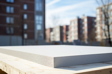 Close up of gray foam board at a construction site with an apartment building in daylightの写真素材