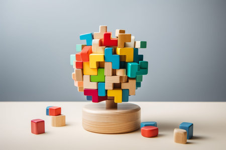 Vibrant wooden brain puzzle surrounded by colorful blocks representing mind games and innovation