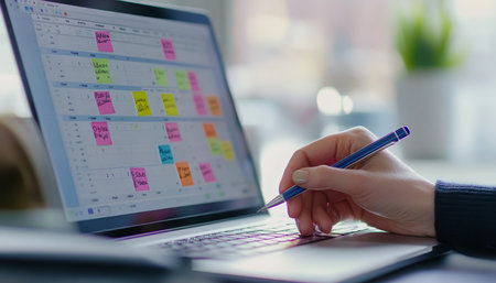 Organized workspace individual planning future events with a pen and colorful calendar stickersの写真素材