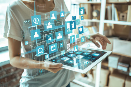 Creating business data visualizations on a digital tablet surrounded by marketing charts and icons