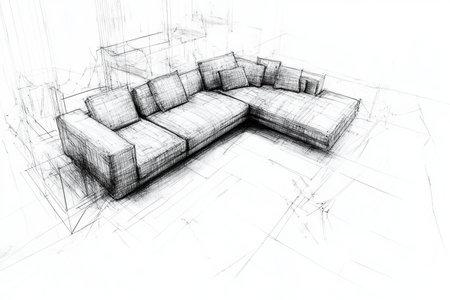 Stylish interior design layout featuring textured furniture sketches and modern seating conceptsのeditorial素材