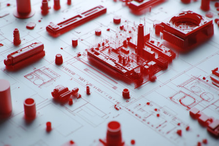 Detailed engineering blueprint featuring red components and precise specificationsの写真素材
