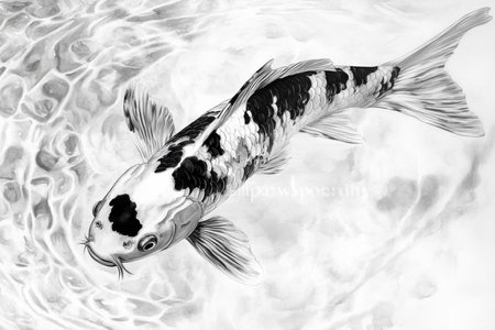 Elegant black and white koi fish gracefully swimming in crystal clear water, showcasing beautyの写真素材