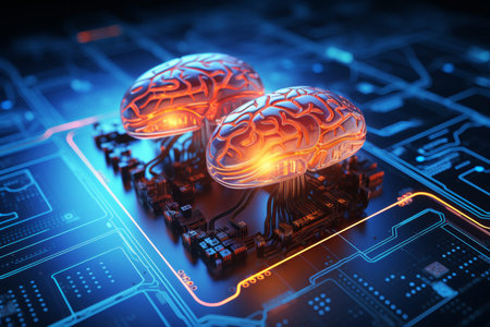 3d visualization of dual human brains on circuit board illuminated with orange and blue glow