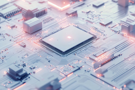 Close up of a semiconductor chip showcasing intricate circuits and components on a clean backdropの写真素材