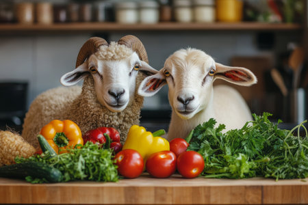 Charming sheep and goat surrounded by fresh vegetables in a cozy rustic kitchen atmosphereの写真素材