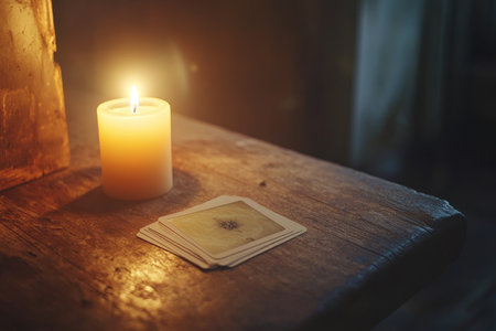 Candlelit tarot card setup on wooden table for introspection and spiritual discoveryの写真素材
