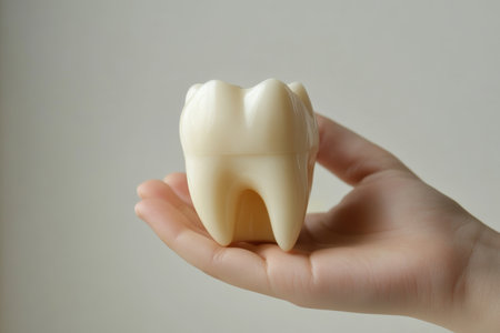 Human tooth model in hand for dental anatomy education and oral health awareness initiativesの写真素材
