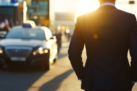 Close up of a businessman in a suit patiently waiting for a taxi outside the airport terminal.の写真素材