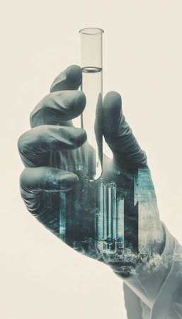 Double exposure of a scientist s hand holding a laboratory test tube on a research table surface