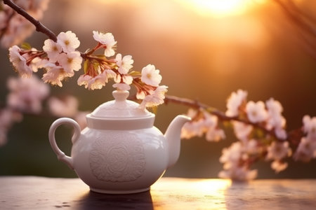 Tranquil teapot gracefully positioned on a blooming branch under the gentle light of sunriseの写真素材