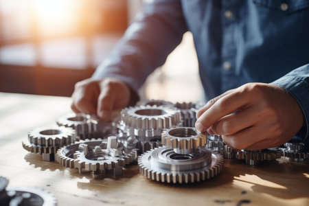 Connecting gears a focused hand working with mechanical parts in a bright industrial setting