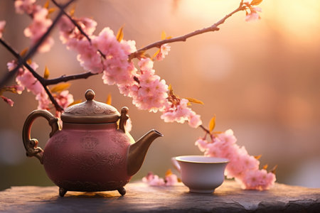 Tranquil teapot nestled among blossoming branches, illuminated by the soft light of sunrise