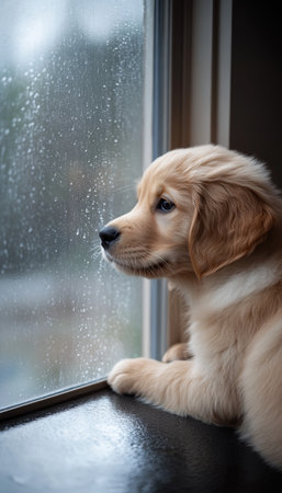 Adorable golden retriever puppy gazes out the window on a rainy day, anticipating its owner s returnの写真素材