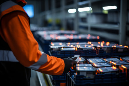 Worker in orange vest and white gloves handling battery pack in modern warehouse environmentの写真素材