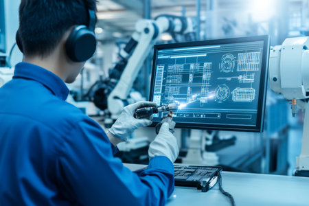 Engineer manager overseeing automation robot arms in intelligent factory with real time monitoring
