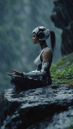 Half woman, half robot meditating on a rock in the rain a fusion of nature and sci fi fantasyの写真素材