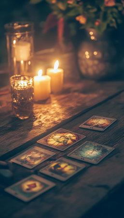 Candlelit tarot reading a serene space for reflection and spiritual insight on wooden tableの写真素材