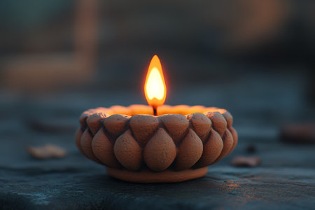 Artistic photography of a terracotta diwali diya lamp created with generative ai techniquesの写真素材