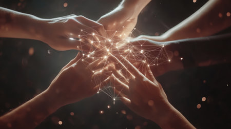 Interconnected hands forming an x shape, symbolizing digital unity and collaborative networksの写真素材