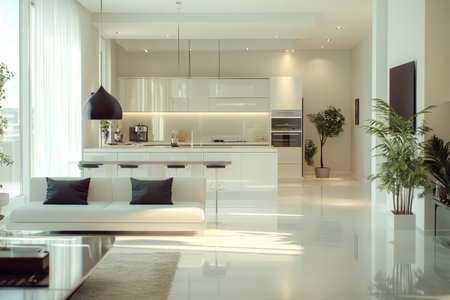 Elegant open plan living room and white kitchen featuring luxurious interior design elements