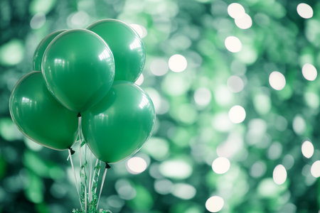 Elegant green balloons and streamers create a festive atmosphere for joyful celebrationsの写真素材