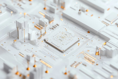 Close up of a semiconductor chip with detailed circuits for technology and engineering projectsの写真素材