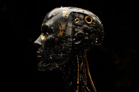 3d render of a cyborg soldier with a wired ai head and human skull in dark space background