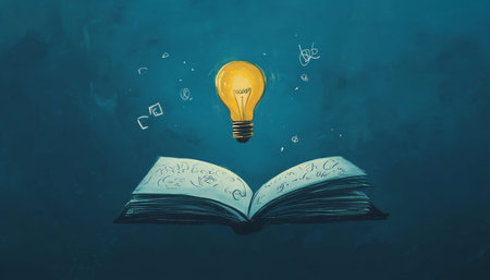 A yellow lamp floats above an open book, symbolizing creativity and innovation in education.