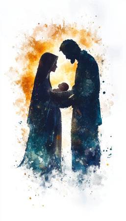 Watercolor nativity scene in bethlehem holy family with baby jesus, joseph, and mary illustrationの写真素材