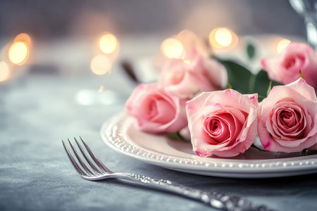 Romantic valentine's dinner setting with pink roses, elegant tableware, and soft ambient lightingの写真素材