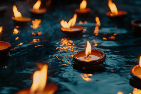 Serene diwali celebration floating candles illuminating water for the festive holidayの写真素材