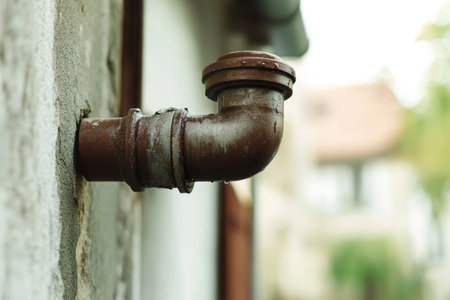 Rainwater pipe on terrace roof corner with ample copy space for text or design elementsの写真素材