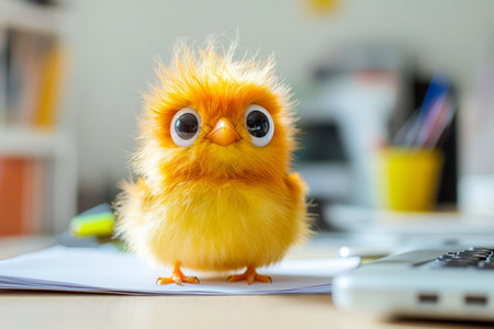 Adorable fluffy bird perched on office desk, wide eyed in response to work stress and pressureの写真素材