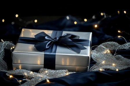 Elegant silver gift box wrapped in dark blue paper with lights on black backdrop for holidaysの写真素材