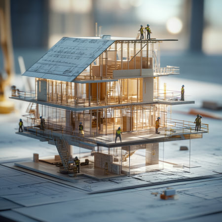 House construction blueprint with workers and materials an insight into architectural planningの写真素材