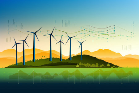 Graph of energy market trends with wind turbines and positive outlook on renewable resources