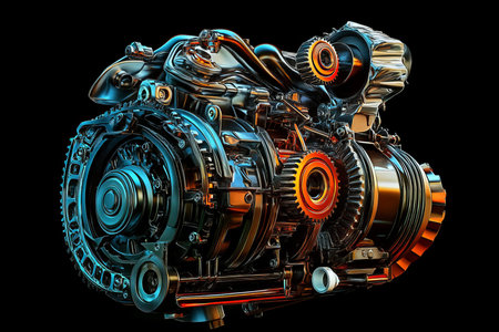 Intricate 3d rendering of internal combustion engine parts and gears cross section diagram