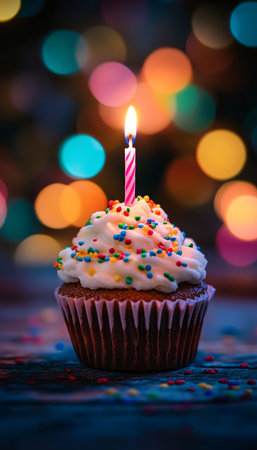 Delicious birthday cupcake topped with a single candle celebrating a special occasionの写真素材