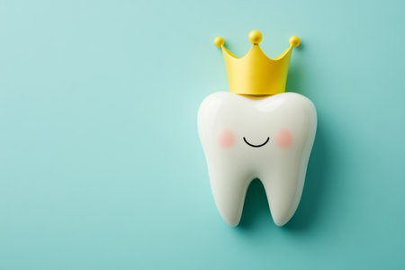 Celebrating dentist s day playful crowned tooth on a blue background for dental care awarenessの写真素材