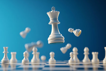 Dynamic 3d animation of a chess battle white king executes aggressive attack and triumphsの写真素材