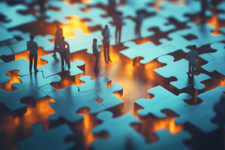 Business professionals engaged in collaborative problem solving with puzzles in 3d visualizationの写真素材