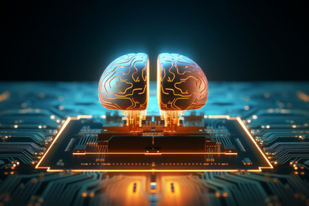 3d illustration of two human brains on a circuit board illuminated with orange and blue lightの写真素材
